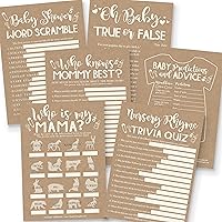 25 Rustic Animal Matching, 25 Nursery Rhyme Game, 25 Word Scramble For Baby Shower, 25 True Or False Game, 25 Who Knows Mommy Best, 25 Baby Prediction And Advice Cards - 6 Double Sided Cards