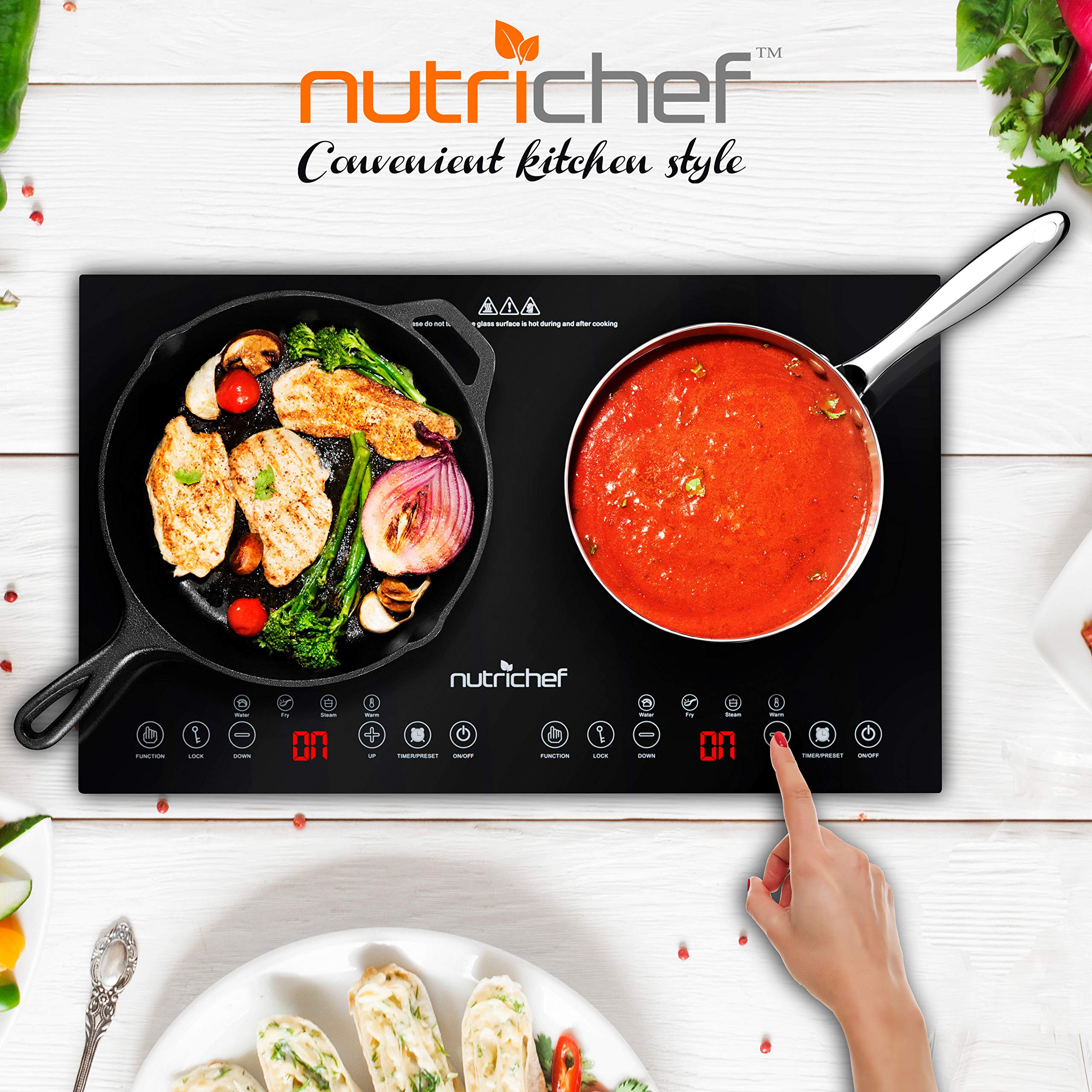 NutriChef Double Induction Cooktop - Portable 120V Digital Ceramic Dual Burner w/ Kids Safety Lock - Works with Flat Cast Iron Pan,1800 Watt,Touch Sensor Control, 12 Controls - NutriChef PKSTIND48