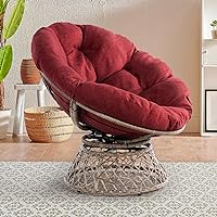 Bme Ergonomic Wicker Papasan Chair with Soft Thick Density Fabric, High Capacity Steel Frame, 360 Degree Swivel for Living, Bedroom, Reading Room, Lounge, Red Cushion - Brown Base