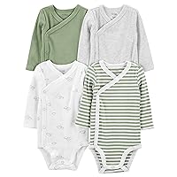 Simple Joys By Carter's Unisex Baby 4-pack Side Snap Bodysuit Bodystocking, Jade Green Stripe/Light Grey/Olive/White Clouds, Preemie US