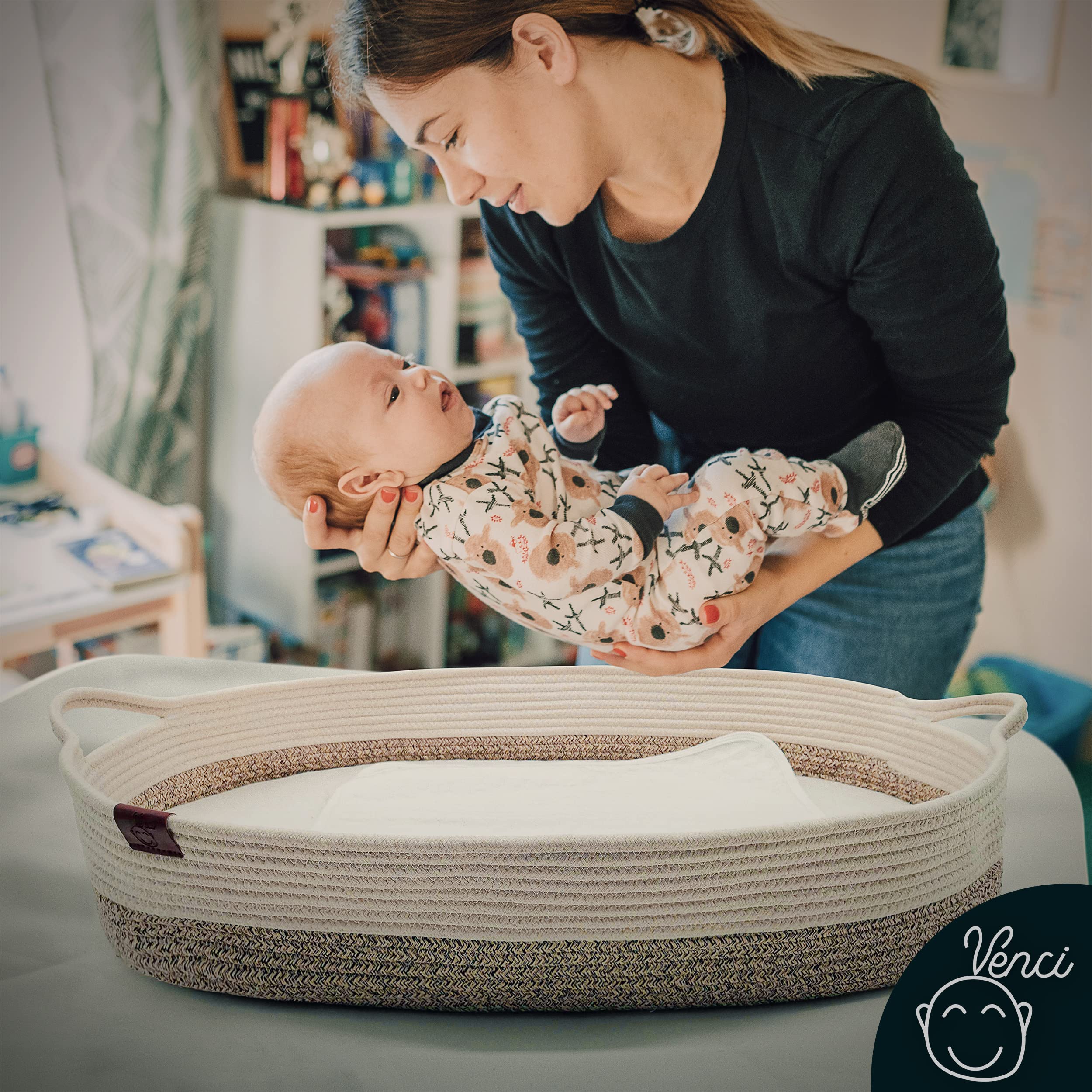 Baby Changing Basket for Dresser Top - 29.5 x 17 x 6 in, Organic Cotton Rope and Thick Removable Foam Pad, Portable Moses Basket Changing Basket for Babies, Waterproof Changing Pad