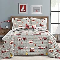 Lush Decor Fire Truck Quilt 4 Piece Set, Full/ Queen, Red & Gray - Reversible Stripe Print Bedding Set for Kids Room