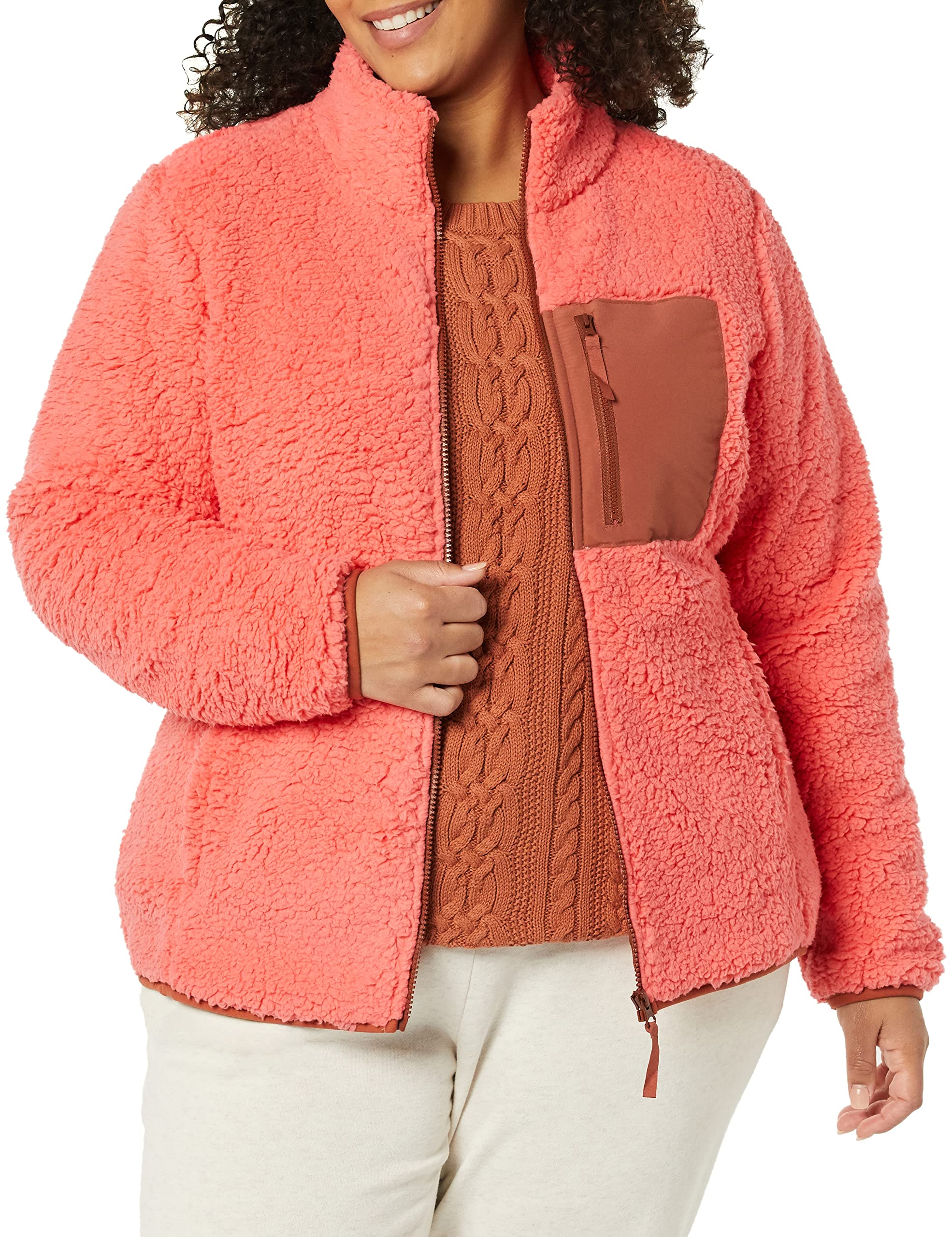 Amazon Essentials Women's Sherpa Long-Sleeve Mock Neck Full-Zip Jacket with Woven Trim (Available in Plus Size)
