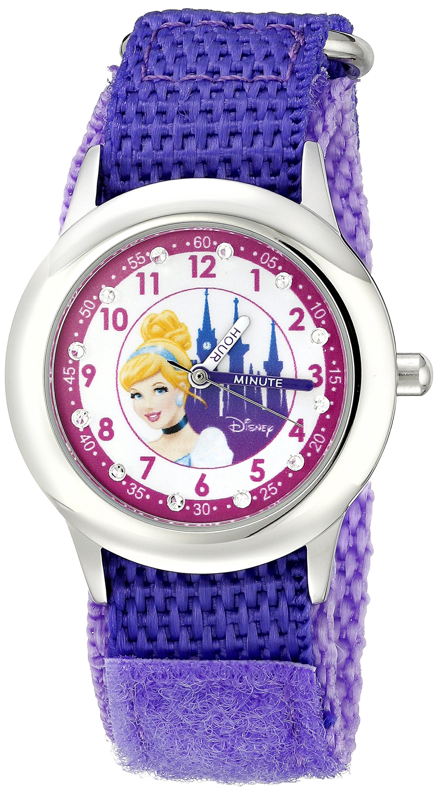 Disney Kids' W000389 Cinderella Glitz Stainless Steel Time Teacher Purple Velcro Strap Watch