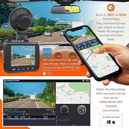 Rove R2-4K Dash Cam Built in WiFi GPS Car top Dashboard Camera Recorder with UHD 2160P, 2.4