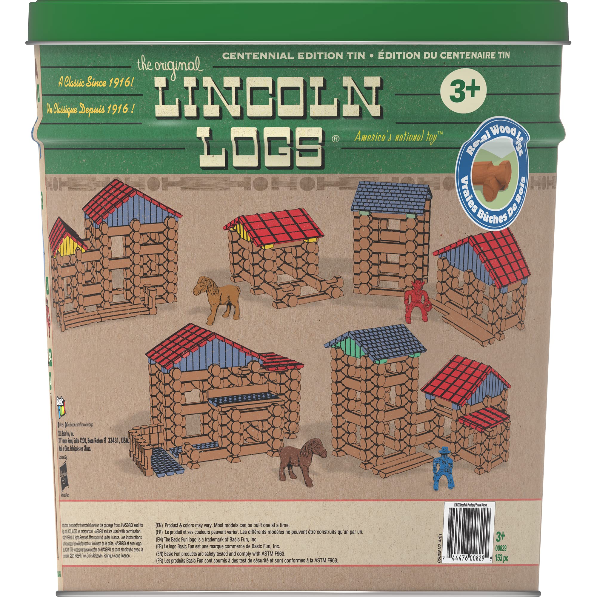 Lincoln Logs Centennial Edition Tin Amazon Exclusive-150+ Pieces-Real Wood-Ages 3+-Best Retro Building Gift Set for Boys/Girls-Creative Construction Engineering-Top Blocks Kit-Preschool Education Toy