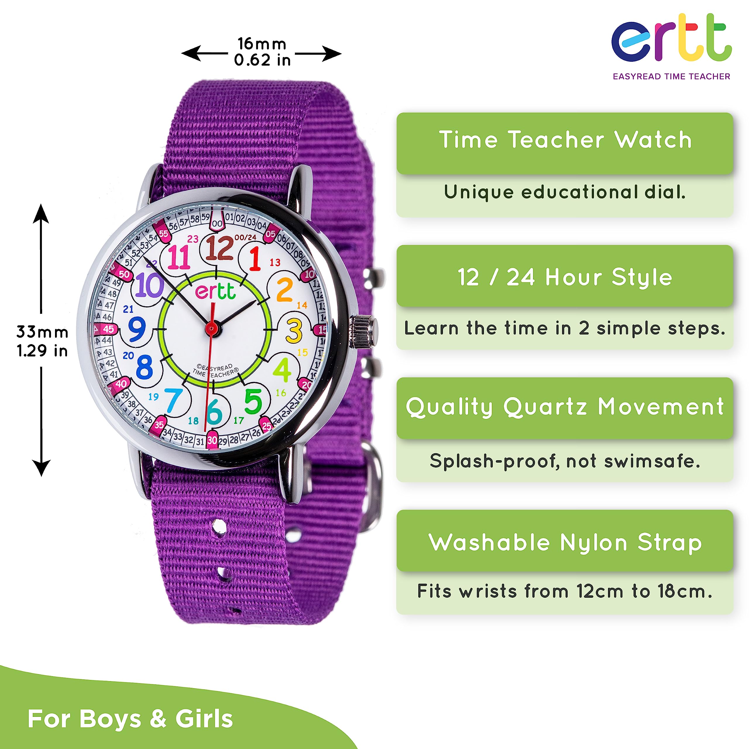 EasyRead Time Teacher Kids Watch - Back to School Gift - Girls & Boys Watches for Kids - Analog Teaching Watch - Tell The Time Childrens Watch - 2 Step Time Teacher Watch - Easy to Read 12-24 Hr Face