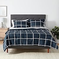 Amazon Basics Lightweight Microfiber Bed-in-a-Bag Comforter 7-Piece Bedding Set, Full/Queen, Navy with Grey Plaid