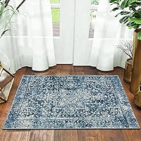 Vintage Area Rug 2x3, Washable Small Indoor Door Mat Traditional Medallion Entryway Rug,Non-Slip Non-Shedding Kitchen Sink Throw Carpet for Bathroom Laundry Entrance,Deep Blue