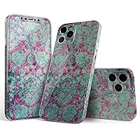 Compatible with Apple iPhone 12 Pro Max - Protective Vinyl Decal Skin Cover (Screen Trim & Back Glass Skin) - Grungy Teal and Pink Damask Pattern