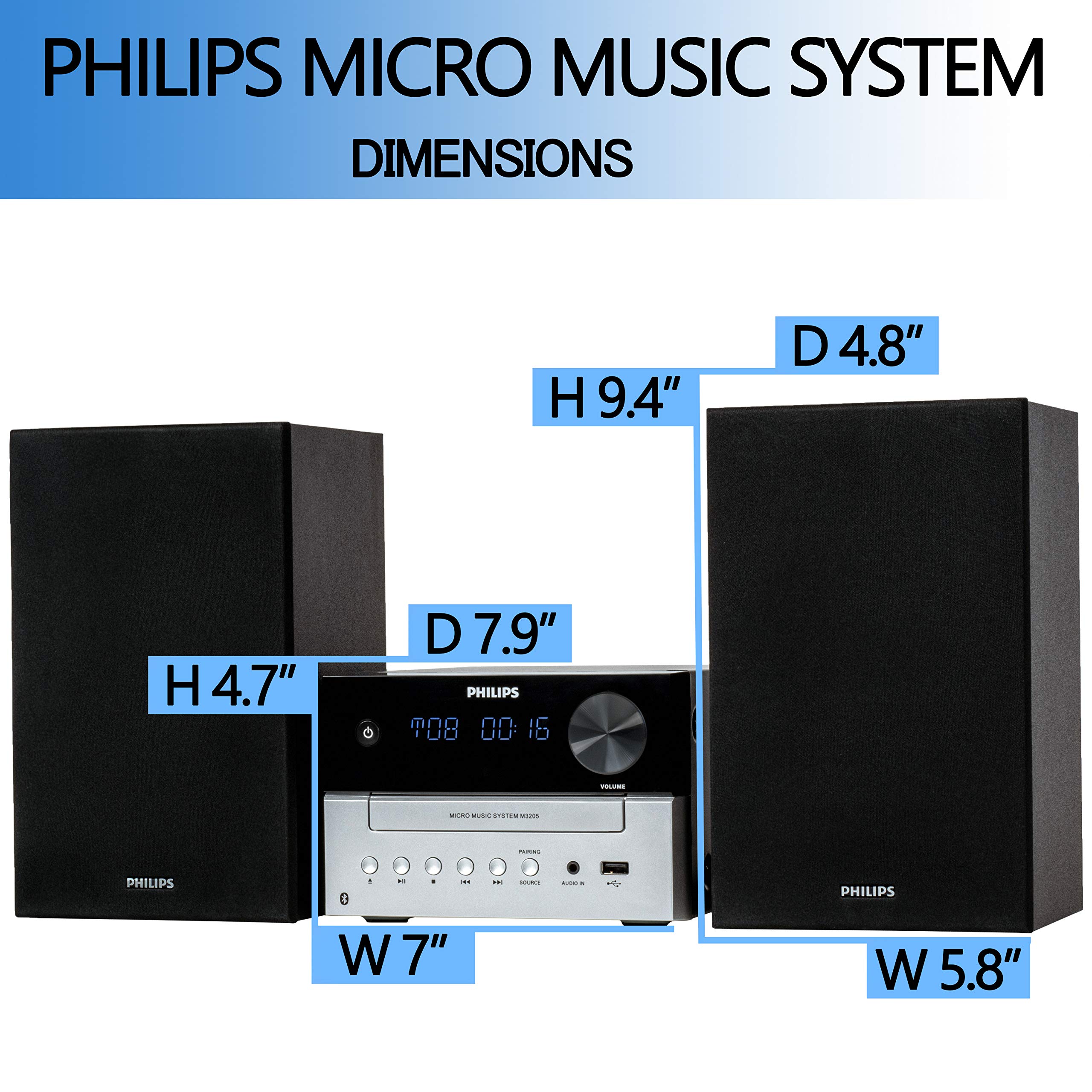 PHILIPS Bluetooth Stereo System for Home with CD Player, Wireless Streaming, MP3, USB, Audio in, FM Radio, 15W, Micro Music Sound System