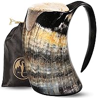 OLDEMPEROR Viking Horn Mug - 100% Authentic 16oz - Ultimate Unique Handmade Ox Horn Norse Mug for Hot & Cold Drinks- Viking Gift for Men - Food Grade Medieval Style Man's Beer & Mead Cup…