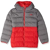 Under Armour Boys Colorblock Jacket, Mid-weight, Zip Up Closure, Repels Water Pronto Puffer, Pitch Gray/Red, X-Large US