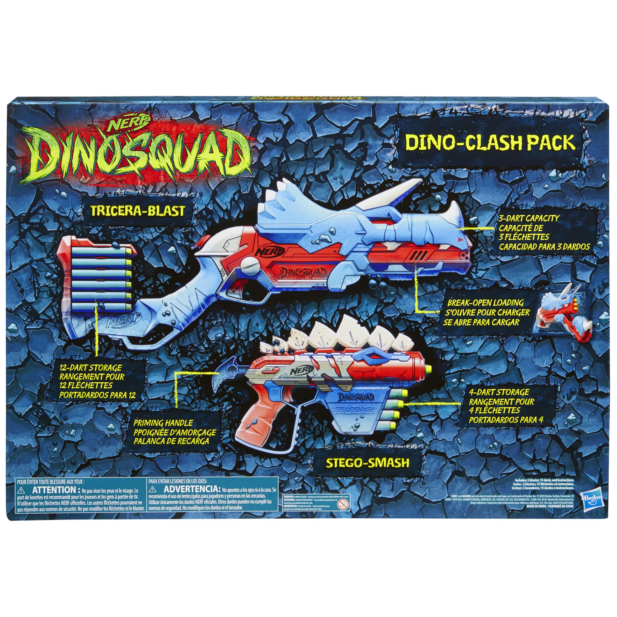 NERF DinoSquad Dino-Clash Pack, Includes 2 Blasters, 15 Elite Darts, Dart Storage, Triceratops and Stegosaurus Dinosaur Designs