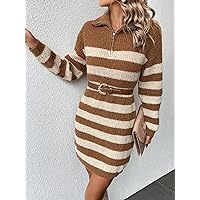 TLULY Sweater Dress for Women Striped Pattern Quarter Zip Drop Shoulder Sweater Dress Without Belt Sweater Dress for Women (Color : Brown, Size : Large)