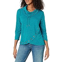 MULTIPLES Women's Three Quarters Sleeve Drawstring Cowl Collar Wrap Front Hi-lo Top with Embellishment