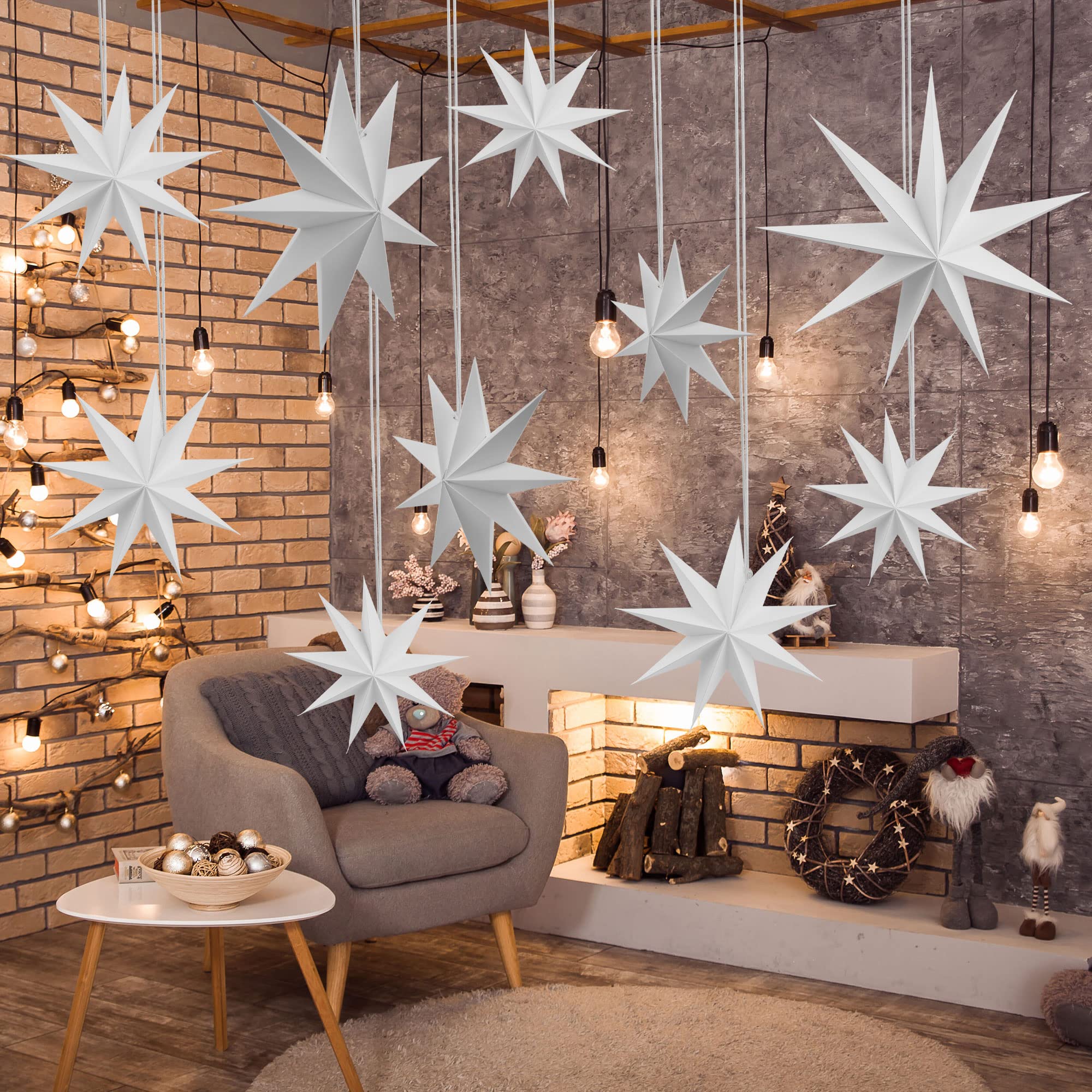Cotiny 8 Pieces 3D Paper Stars Christmas White 9-Pointed Paper Star Hanging Decorations for Weddings Christmas Birthday Party Home Decor, 3 Size