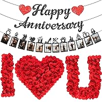 KatchOn, Happy Anniversary Photo Banner Black - 10 Feet, 2 Strings | 1000 Pcs Artificial Red Rose Petals - Silk, Fake Rose Petals for Romantic Night for Her Set | 10 Year Wedding Anniversary Decor