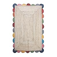 Cape Cod Collection Runner Area Trend Rug - 2.6 x 8 Beige and Multicolor Bordered Braided Jute Rug with Scallop Design Ideal for High Traffic Areas in Dining Room Bedroom Living Room