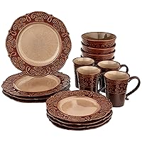 Elama Round Decorated Stoneware Scallop Embossed Dinnerware Dish Set, 16 Piece, Salia