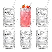 Hobnail Drinking Glasses with Straws 15oz Vintage Glassware Set of 6 Embossed Vintage Water Cups, Highball Glasses for Cocktail,Whiskey,Beer and Juic
