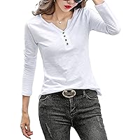 Women's Long Sleeve V Neck Blouse Button Down Tunic Fitted Henley Shirts Tops