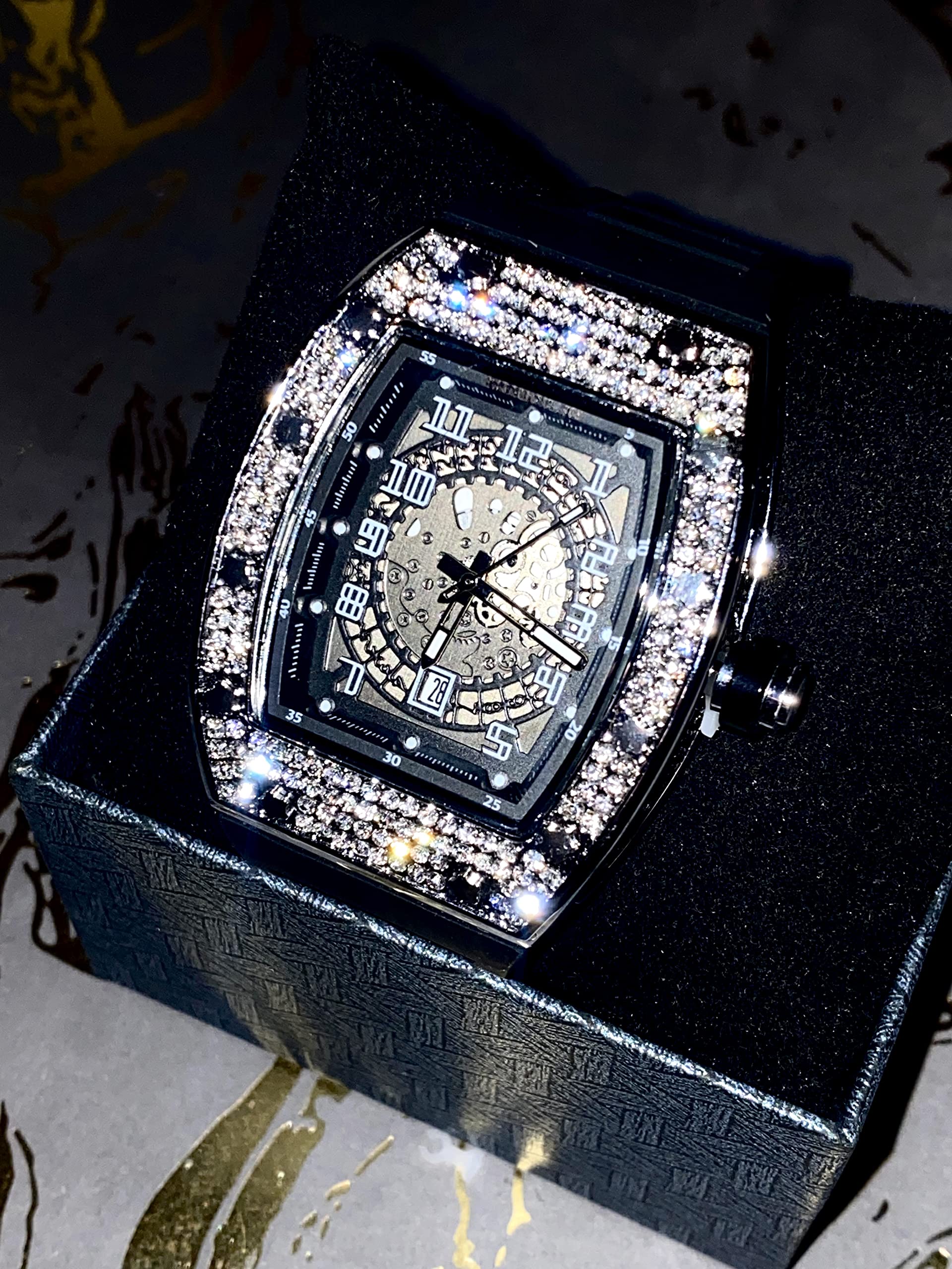 Men's Square Fashion Silver Numerical Rectangle Dial Wrist Watch Black Band Luxury CZ Diamond Iced Bracelet Watch Roman Numeric Dial Watch For Men Women Hip Hop Rapper Choice, Iced Out Bust Down Watch