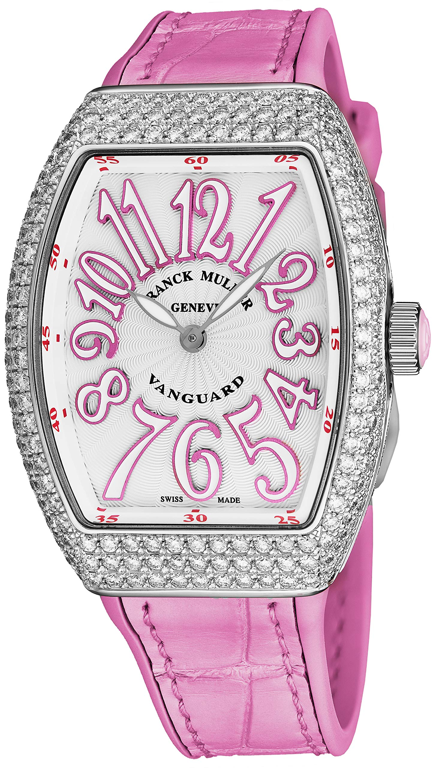 Franck Muller Vanguard Diamond Womens Swiss Quartz Watch - Tonneau Silver Face with Luminous Hands and Sapphire Crystal - Pink Leather/Rubber Strap Ladies Watch V 32 SC at FO D