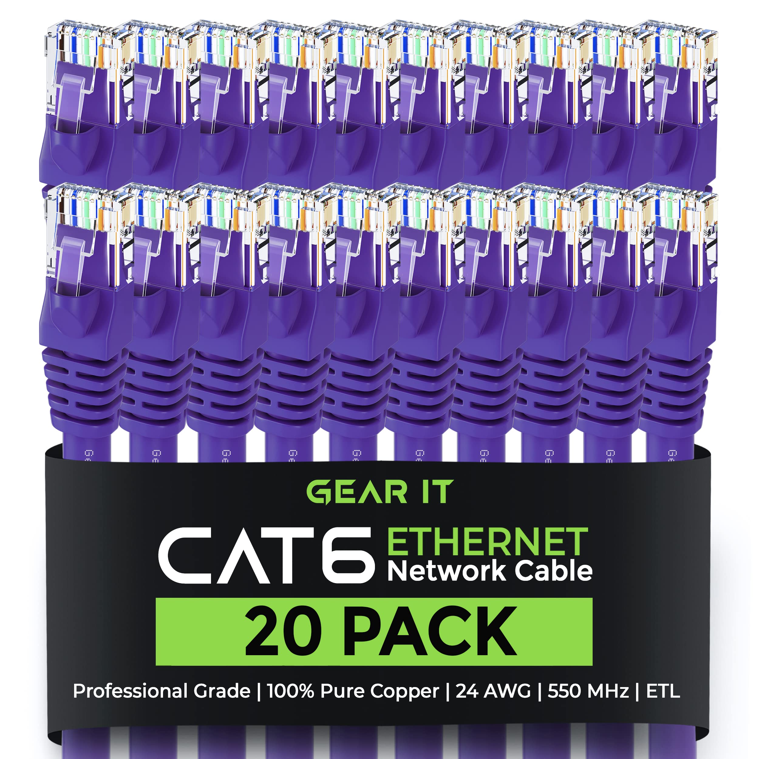 GearIT Cat 6 Ethernet Cable 1 ft (20-Pack) - Cat6 Patch Cable, Cat 6 Patch Cable, Cat6 Cable, Cat 6 Cable, Cat6 Ethernet Cable, Network Cable, Internet Cable - Purple 1 Foot