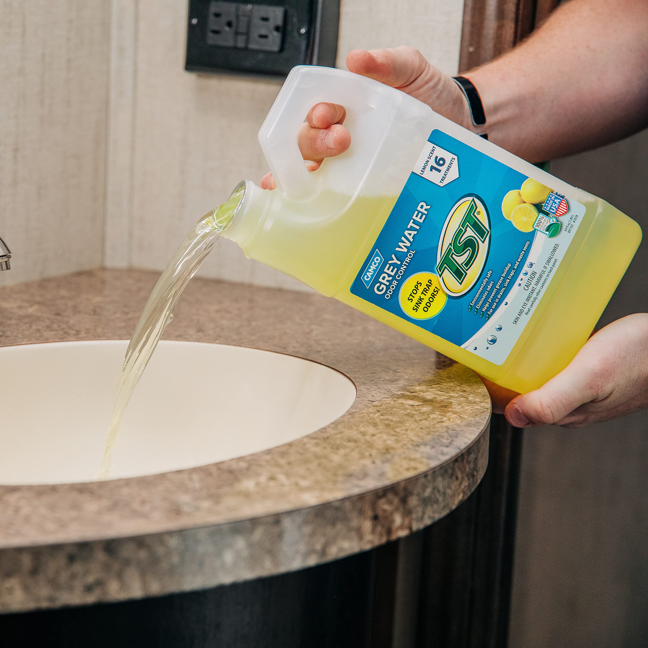 Camco TST Lemon Scent RV Grey Water Odor Control, Stops Sink Trap Odors, For Use In Drains, Sink Traps and Waste Vents, Treats up to 16 - 40 Gallon Holding Tanks (64 Ounce Bottle)