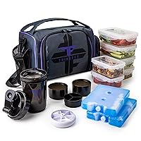 ThinkFit Insulated Meal Prep Lunch Box with 6 Food Portion Control Containers - BPA-Free, Reusable, Microwavable, Freezer Safe - With Shaker Cup, Pill Organizer, Shoulder Strap & Side Pocket (Purple)