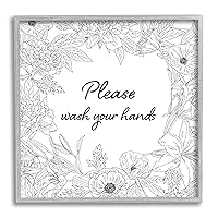 Stupell Industries Wash Your Hands Bathroom Sign Spring Floral Border Framed Wall Art
