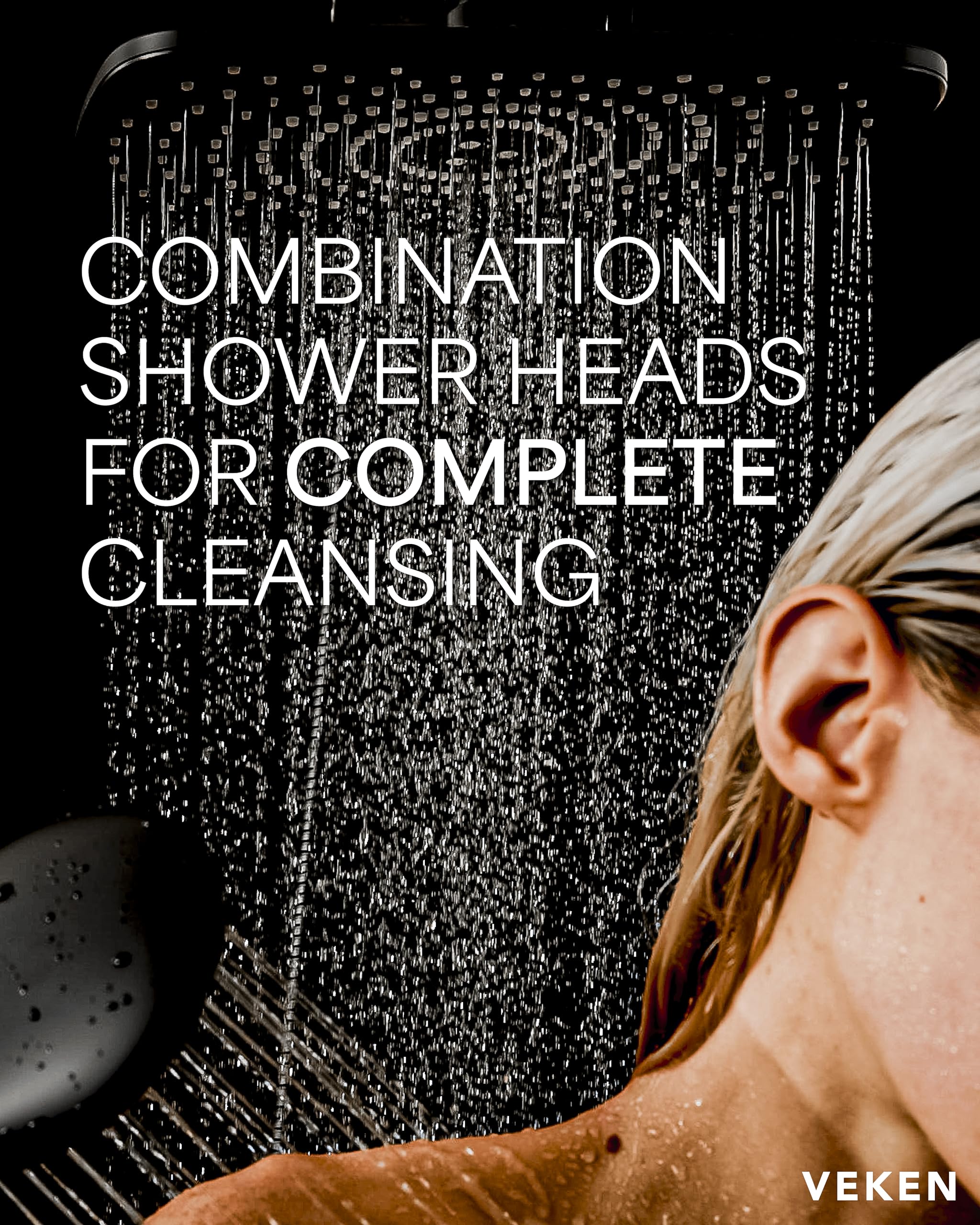 Veken 12 Inch High Pressure Rain Shower Head Combo with Extension Arm- Wide Rainfall Showerhead with 5 Handheld Water Spray - Adjustable Dual Showerhead with Anti-Clog Nozzles - Matte Black