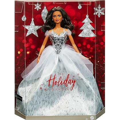 Barbie Signature 2021 Holiday Doll (12-inch, Brunette Hair) in Silver Gown, with Doll Stand and Certificate of Authenticity, Gift for 6 Year Olds and Up