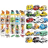 JOYIN 18 Pcs Pull Back City Cars with 69Pcs+69Pcs Small Animal Figures, Christmas Birthday Gifts, Toddler 1-3, Kid 3-5