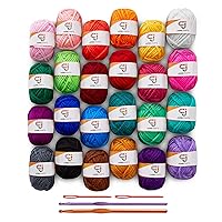JumblCrafts Mini 24-Yarn Crocheting Starter Kit. 24 Fun-Sized Skeins with 2 Crochet Hooks and 2 Weaving Needles, 24 Assorted Colors of Acrylic Yarn for Crafters. Great for Beginners and Experts