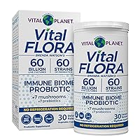 Vital Flora Immune Support Probiotic, 60 Billion CFU, 60 Diverse Strains, 7 Organic Mushroom Supplement Blend with Prebiotics, Shelf Stable Digestive Health Probiotics 30 Capsules