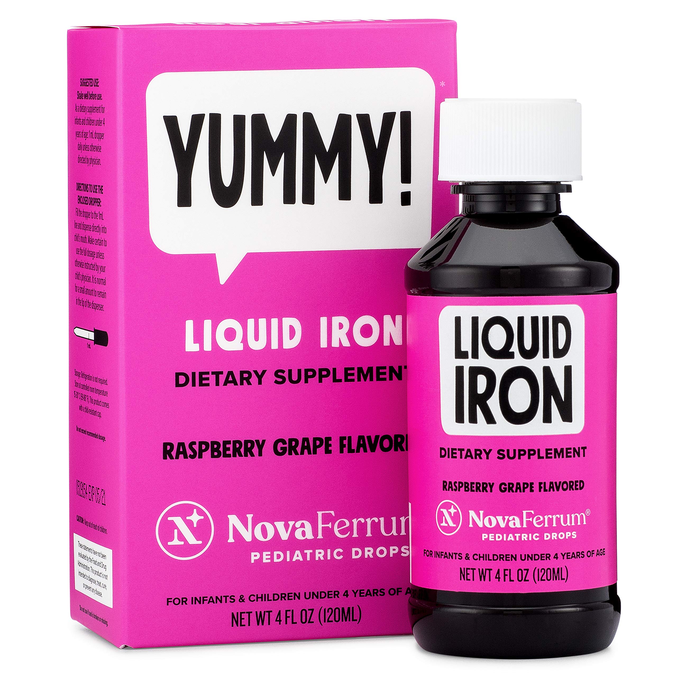 NovaFerrum Yummy | Pediatric Drops Liquid Iron Supplement for Infants and Toddlers | Liquid Iron For Kids | 15mg of Iron Per 1mL Dose | Ages 4 & Under | Gluten Free Certified | Sugar Free | Raspberry Grape | 4 Fl Oz (120 mL) | 120 Servings