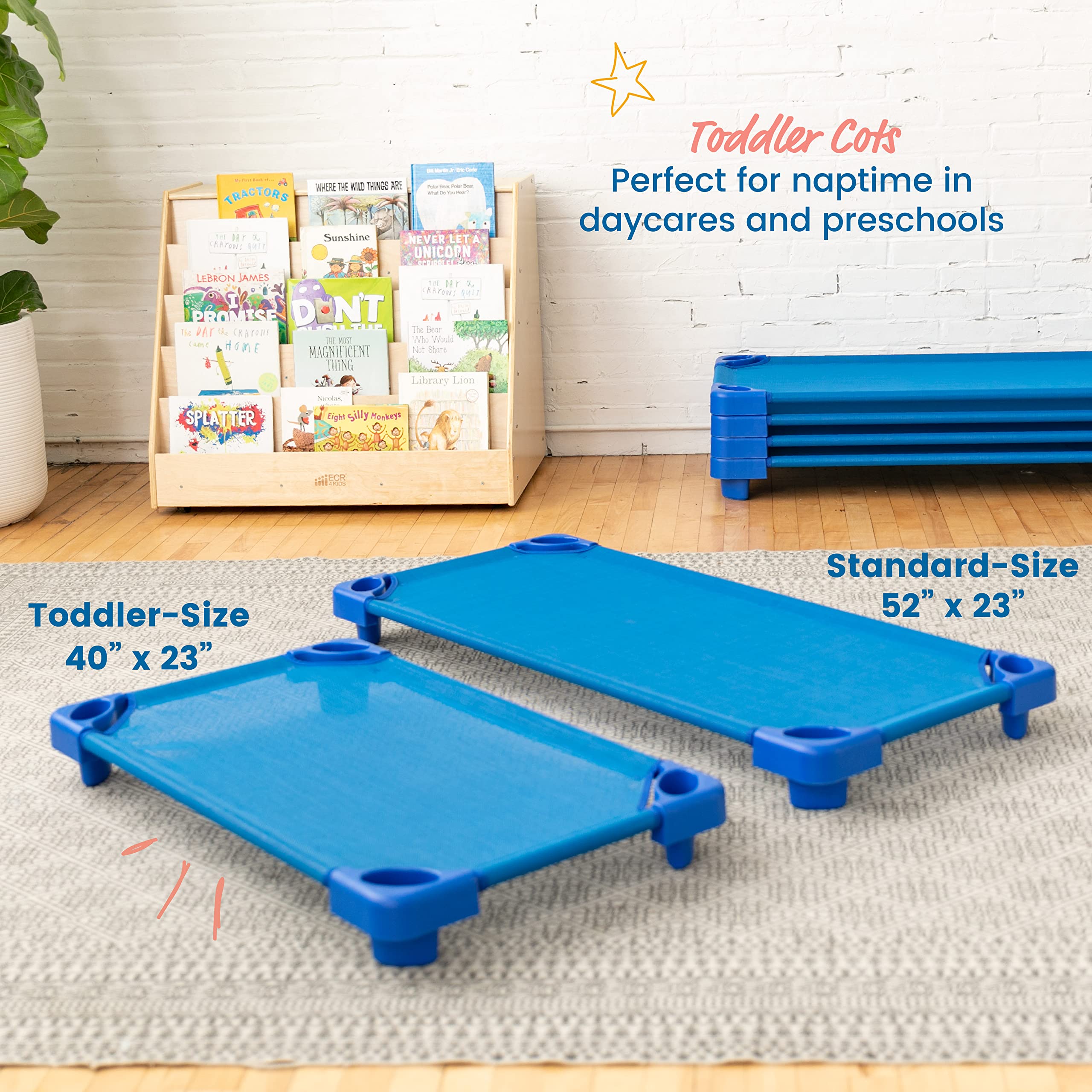 ECR4Kids Stackable Kiddie Cot, Toddler Size, Classroom Furniture, Blue, 6-Pack