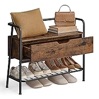 VASAGLE Shoe Storage Bench with Seating, Shoe Rack with Organizer Drawer, Industrial Style, Steel Frame, Holds Up to 300LB, for Entryway, Living Room, Bedroom, Rustic Brown and Ink Black, ULSB051K01