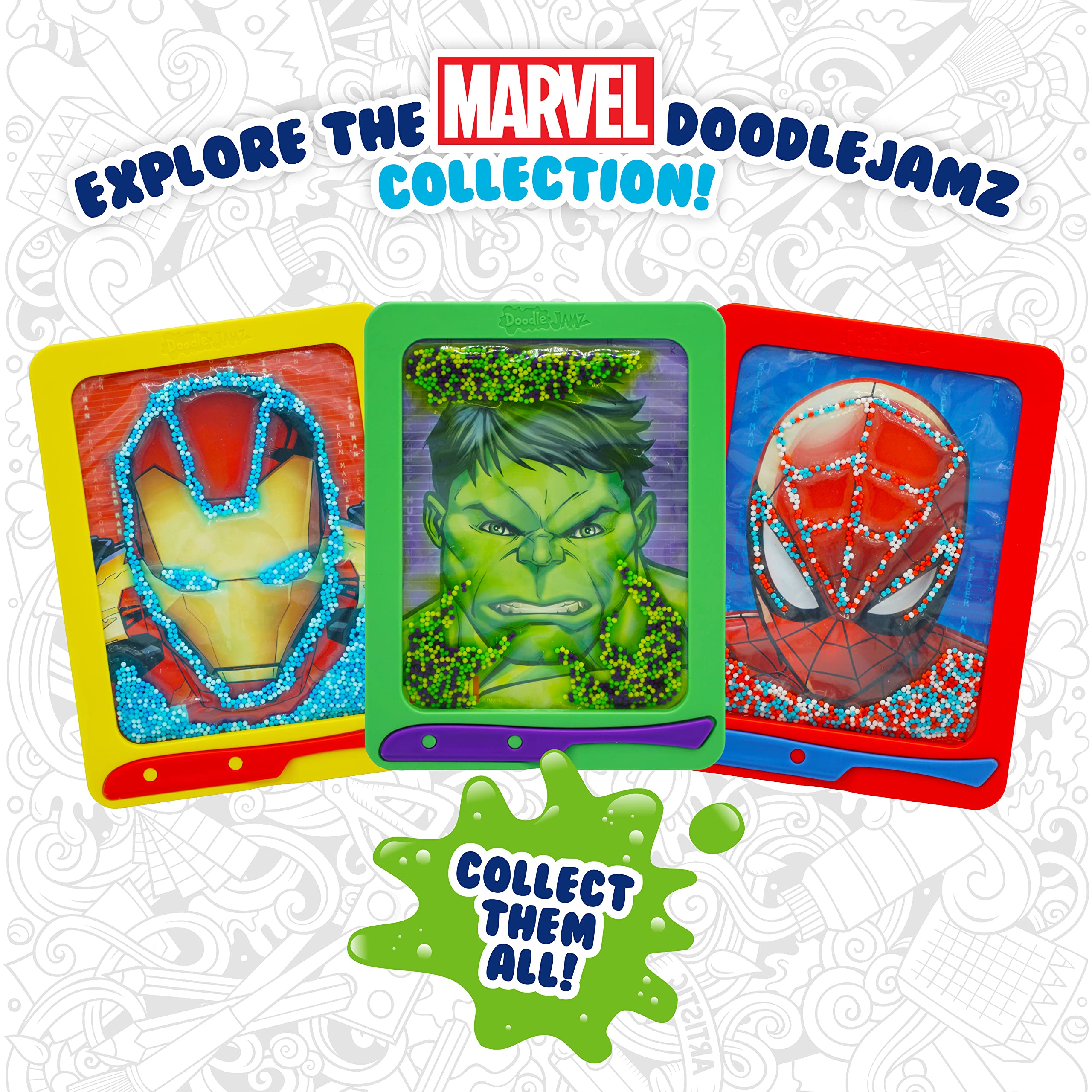 DoodleJamz Marvel JellyPics - Sensory Drawing Pads Filled with Non-Toxic Squishy Beads and Gel – Includes Stylus, Removable 2-Sided Emoji Backer Card (Hulk + Iron Man Bundle)