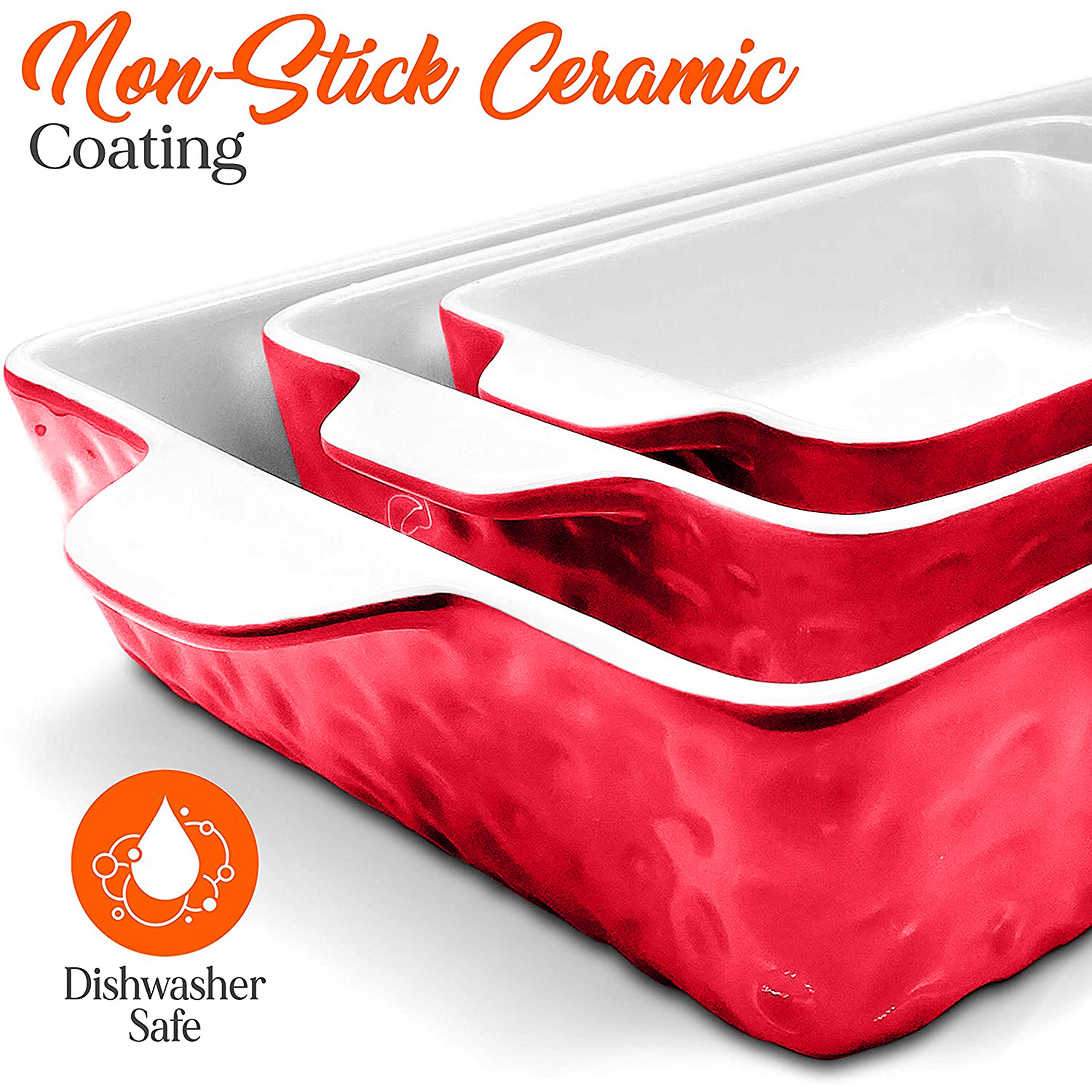 NutriChef 3Pcs. Nonstick Bakeware PFOA PFOS PTFE Tray Set w/Odor-Free Ceramic, 446°F Oven Microwave/Dishwasher Safe Rectangular Baking Pan, Red