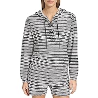 Andrew Marc Women's Heritage Striped Stretch Terry Long Sleeve Lace Up Hoodie