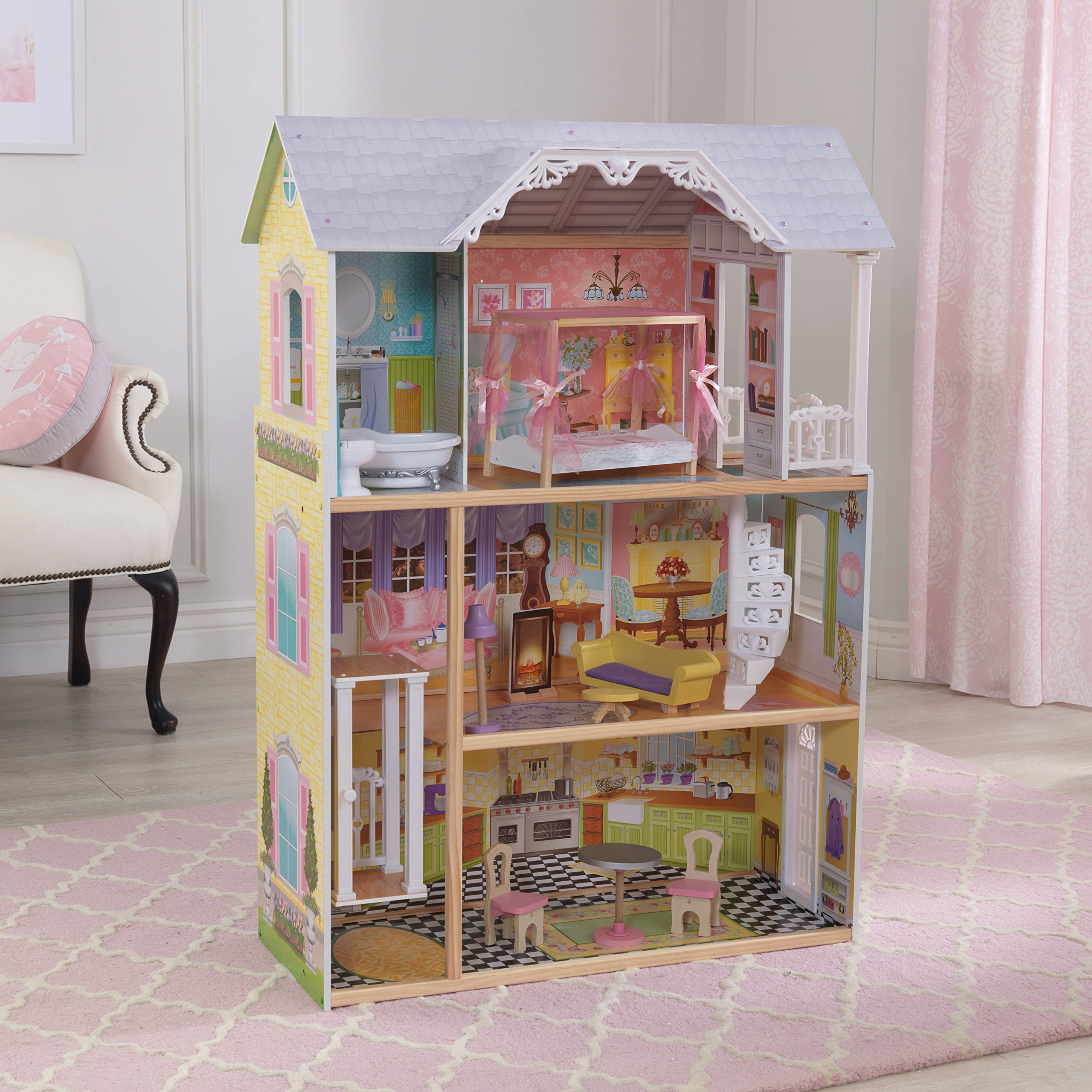 KidKraft Kaylee Wooden Dollhouse, Almost 4 Feet Tall with Elevator, Stairs and 10 Accessories, Gift for Ages 3+