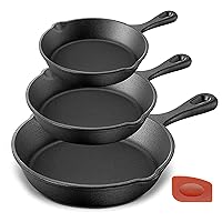 NutriChef Pre-Seasoned Cast Iron Skillet 3 Pieces Kitchen Frying Pan Nonstick Cookware Set w/Drip Spout-Silicone Handles, Scraper-Electric Stovetop, Induction, Gas Range, Ceramic, NCCI76, Black