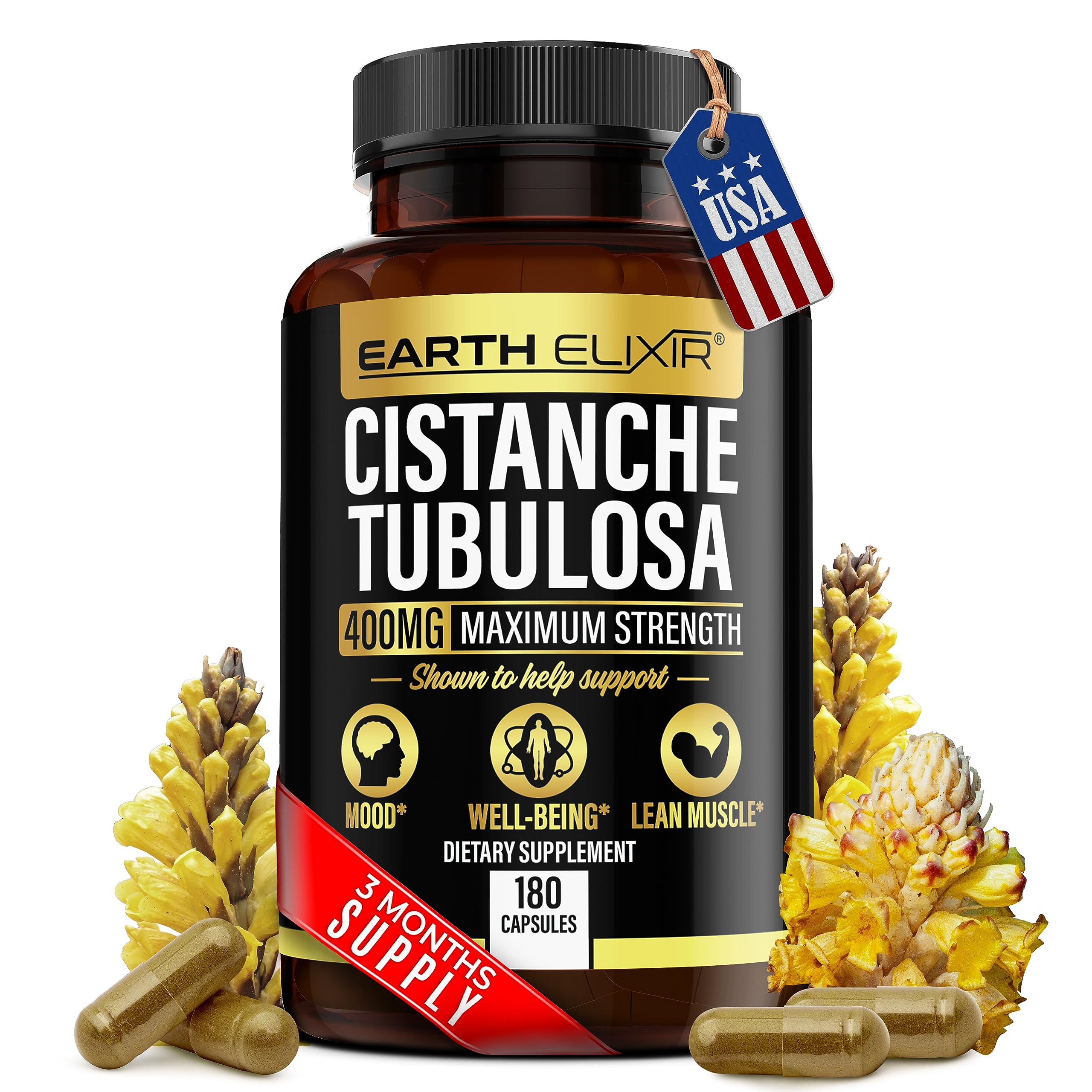 Earth Elixir Cistanche Tubulosa 400 mg (180 Capsules) 3 Months Supply – Made in USA- Max Purity - Cistanche Supplement - Zero Fillers – Gluten Free - Vegan - Nootropics - 100% Pure Cistanche Herb
