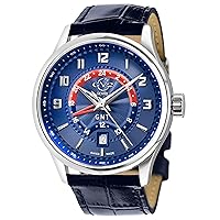 GV2 Men's Stainless Steel Quartz Watch with Leather Strap, Blue, 20 (Model: 42302), Silver