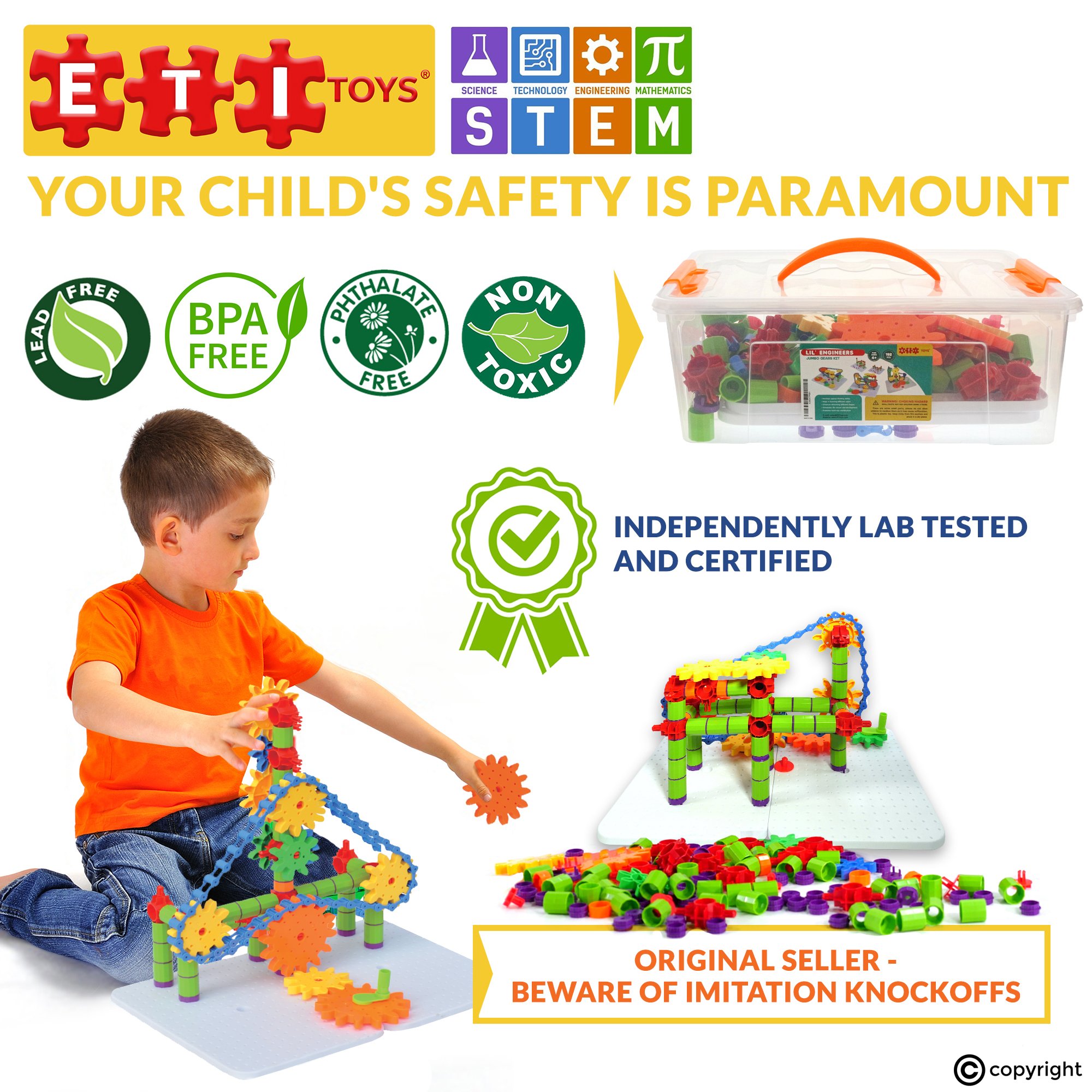 ETI Toys | STEM Learning | 192 Piece Jumbo Gears Set with Resizeable Interlocking Chain, Connector Pieces and 2 Pegboards; Build Endless Designs! Best Gift, Toy for 3, 4, 5 Year Old Boys and Girls.