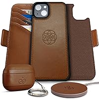 Dreem Bundle: Fibonacci Wallet-Case for iPhone 15 Plus with Om Case for AirPods Pro 2 and Empower Wireless Charger Pad [Chocolate]