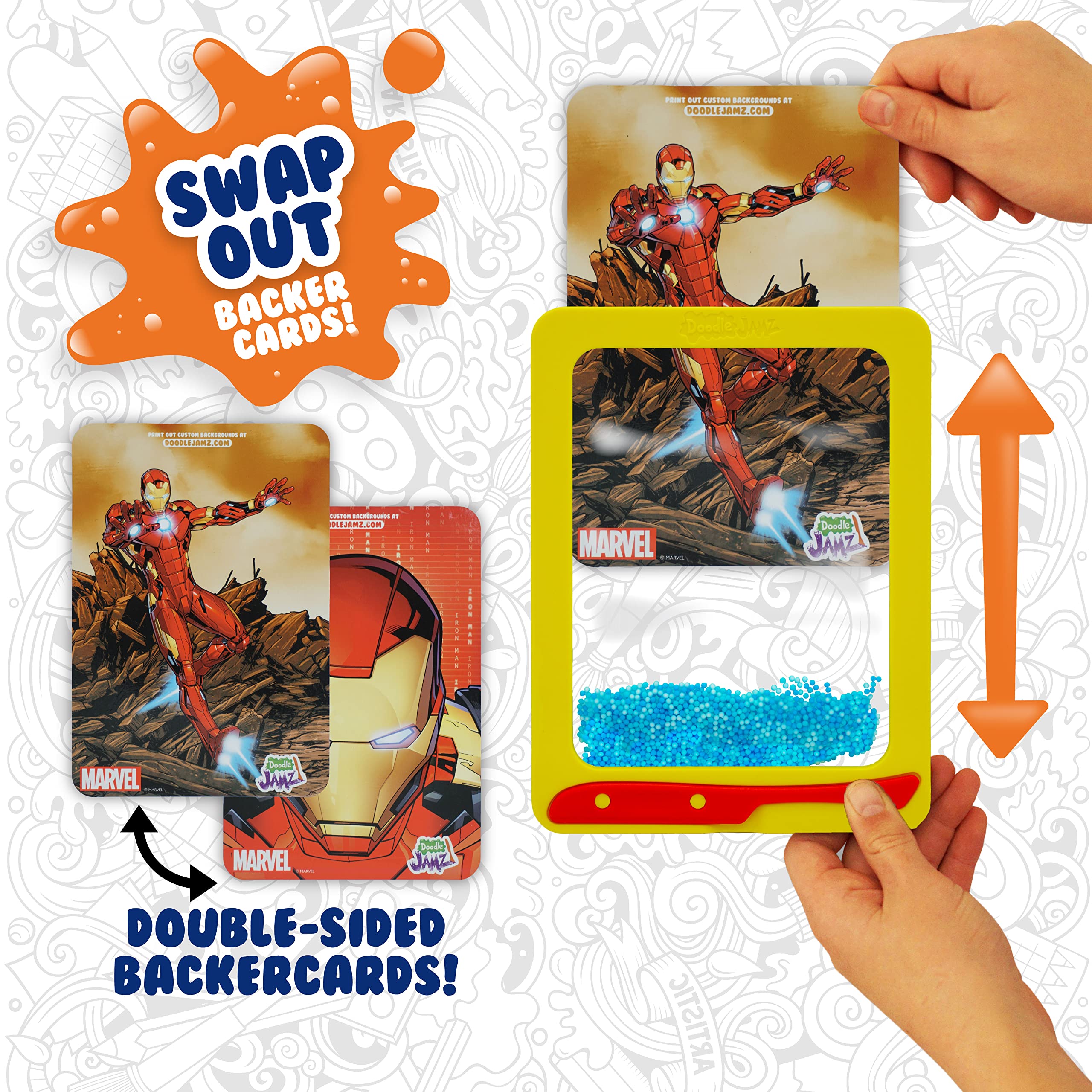 DoodleJamz Marvel JellyPics - Sensory Drawing Pads Filled with Non-Toxic Squishy Beads and Gel – Includes Stylus, Removable 2-Sided Emoji Backer Card (Spider-Man + Iron Man Bundle)